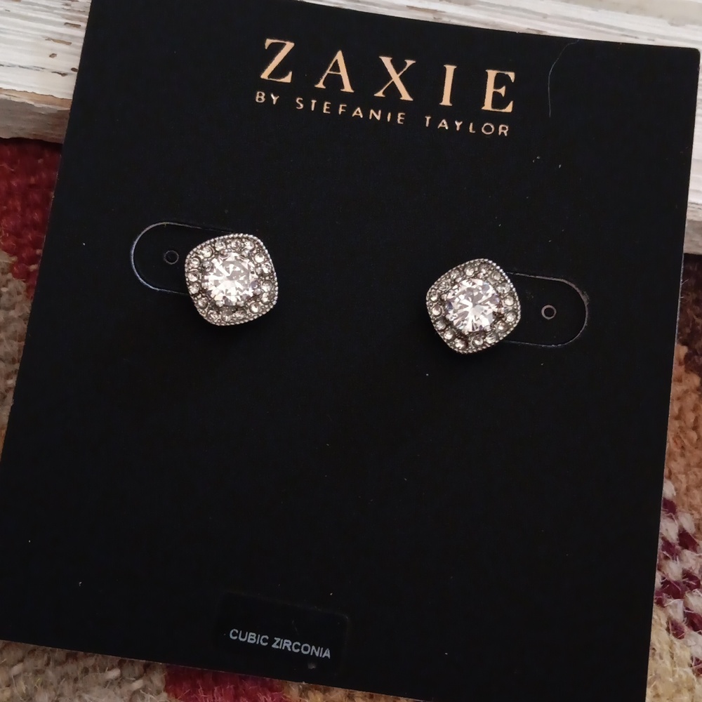 ZAXIE by Stefanie Taylor sparkly Cushion Cut CZ Stud Earrings Halo Silvertone
